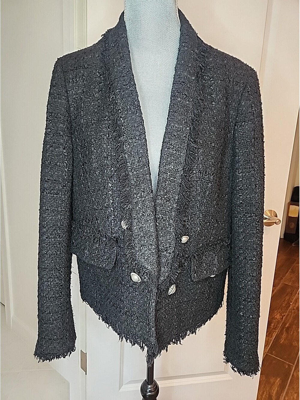 Express Open Front Blazer Womens Black Tweed Jacket L Fringe Gold Buttons MINT
